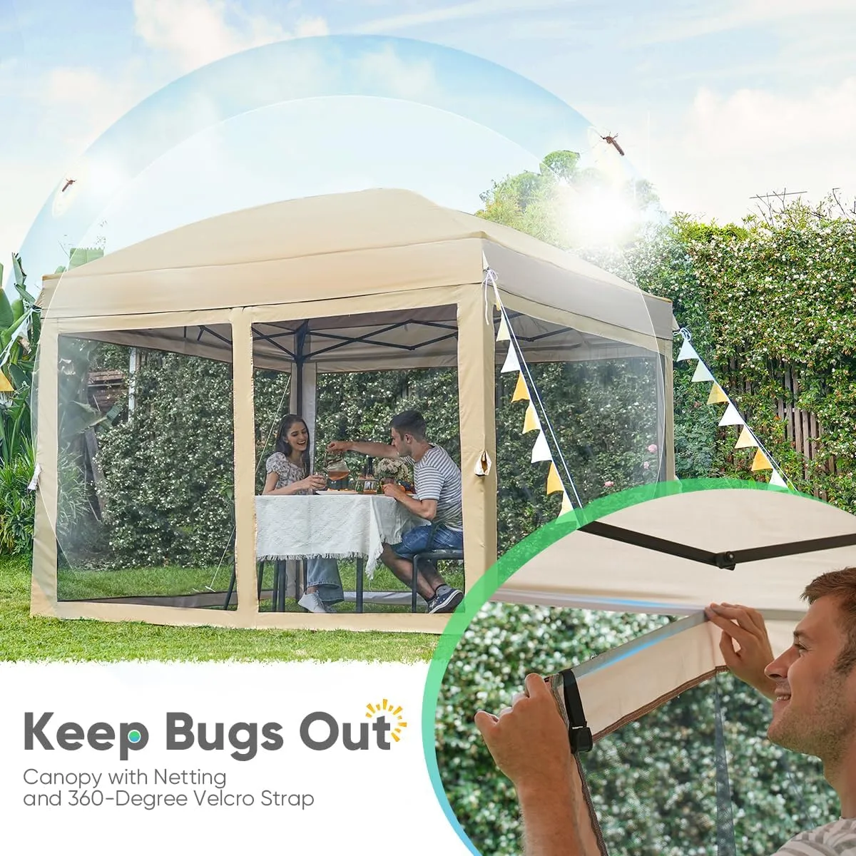 Quictent 10’x10’ Pop up Canopy Tent with Netting, One Person Instant Setup Screen House Room Tent Screened- 2 Magnetic Doors Waterproof (Tan)