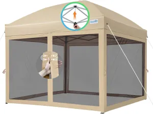 Quictent 10’x10’ Pop up Canopy Tent with Netting, One Person Instant Setup Screen House Room Tent Screened- 2 Magnetic Doors Waterproof (Tan)