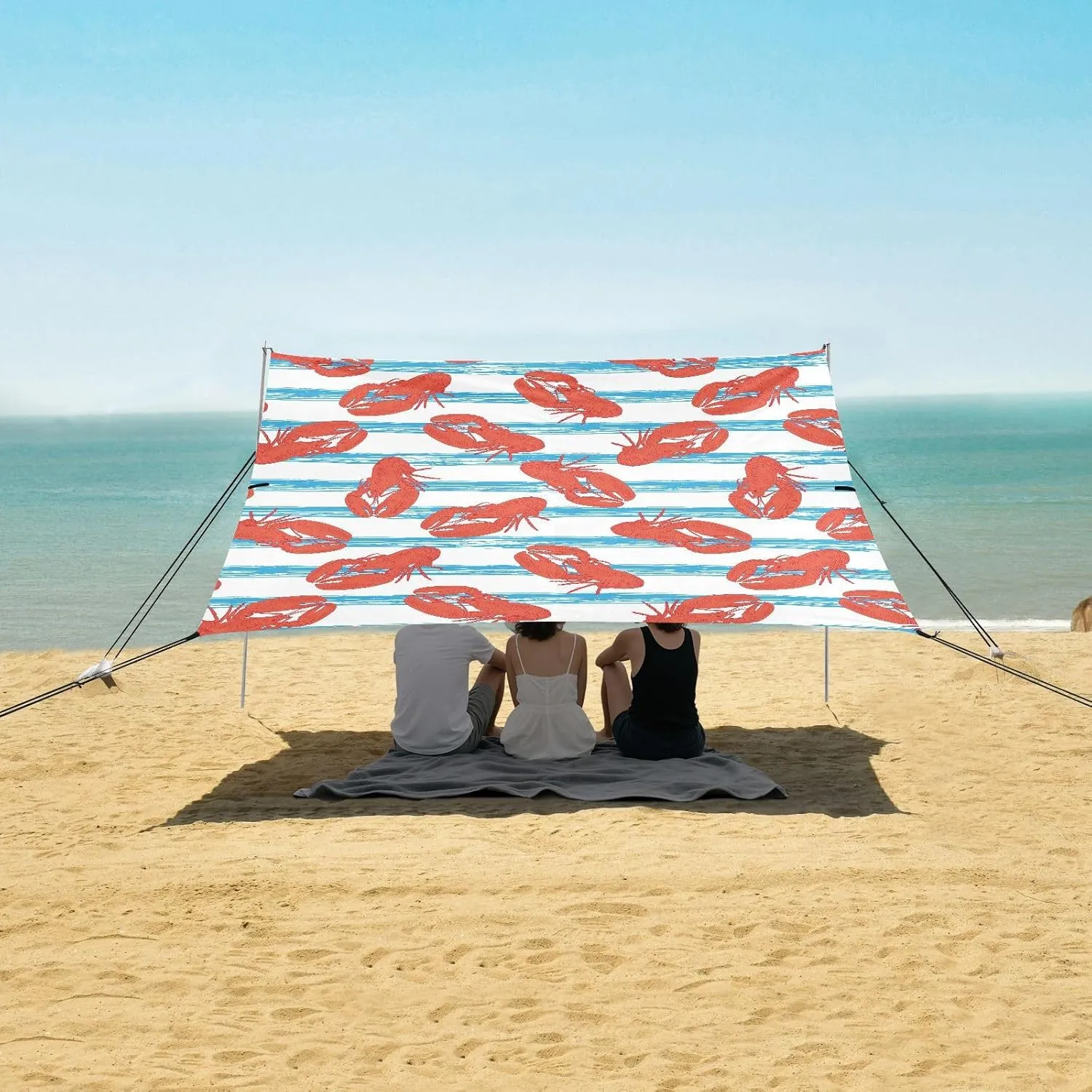 Red Lobster Blue Stripes Beach Camping Tent Sun Shelter for Whole Family, Beach Shade Canopy with UPF50  UV Protection,Easy Set Up and Carry,Outdoor Shade for Trips, Fishing, Backyard Fun Picni