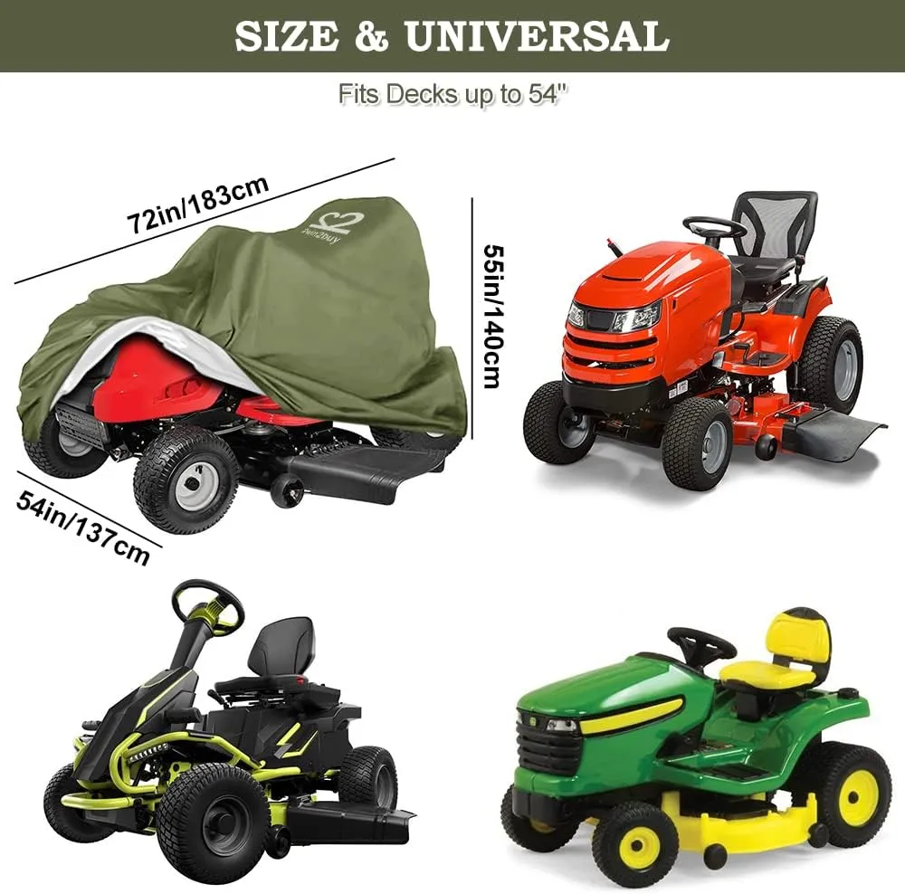Riding Lawn Mower Cover, Heavy Duty 600D Oxford Outdoor Tractor Cover Waterproof UV Protection Lawn Mower Cover Fit Decks up to 54" with Elastic Cord & Storage Bag, Green