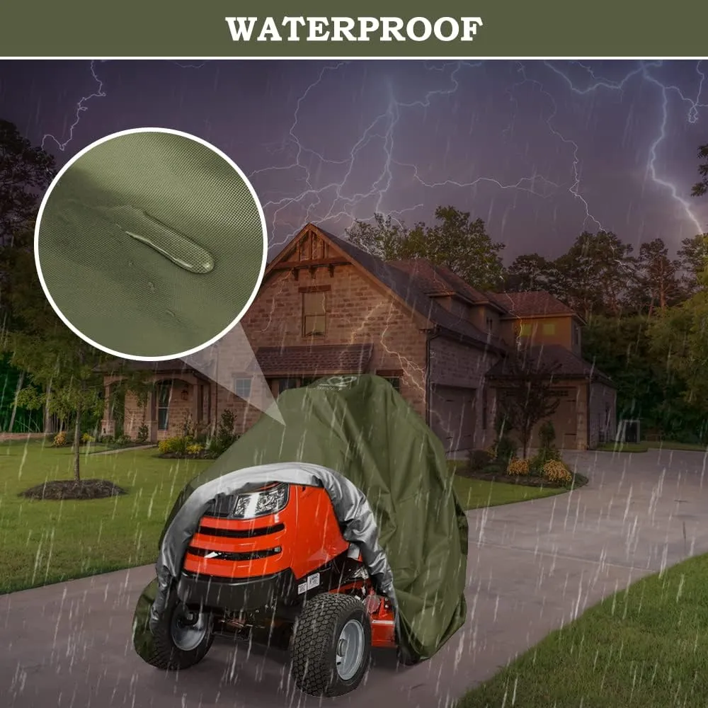 Riding Lawn Mower Cover, Heavy Duty 600D Oxford Outdoor Tractor Cover Waterproof UV Protection Lawn Mower Cover Fit Decks up to 54" with Elastic Cord & Storage Bag, Green