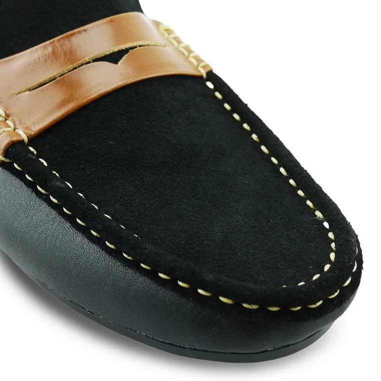 Suede Flip Leather Loafer Black Beige