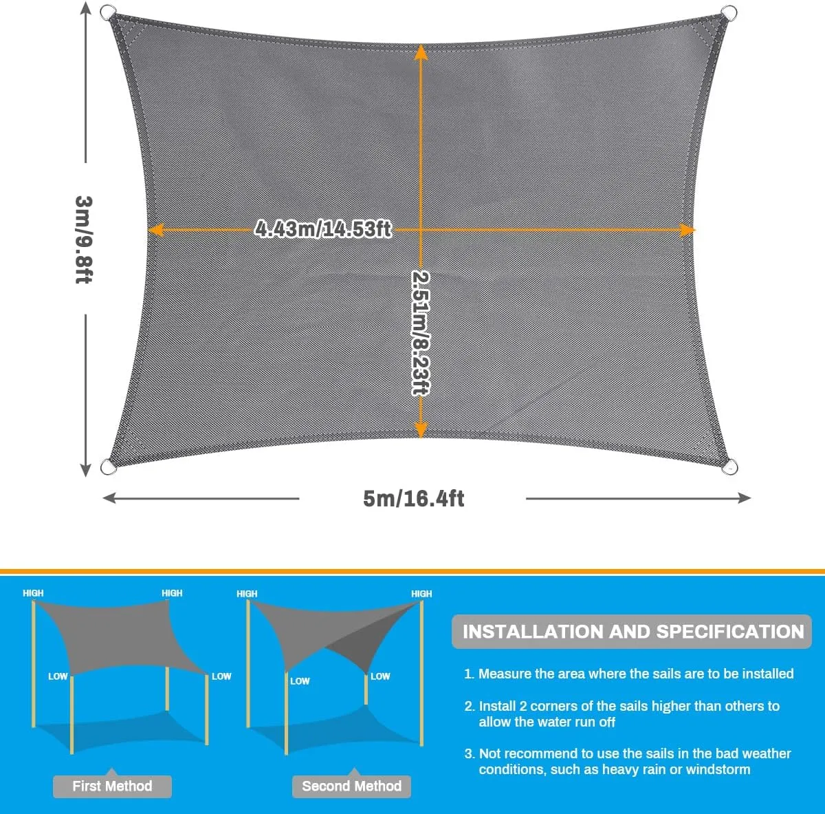 Sun Sail Shades Rectangular Waterproof, Jhua 9.8 x 16.4ft Sun Shade Sail Rectangle 160GSM UV Block Sail Canopy for Patio Backyard Lawn Garden Deck Sand, Outdoor Activities