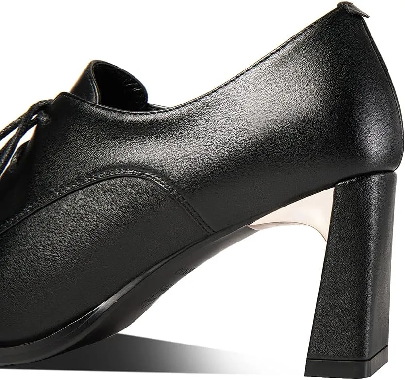 TinaCus Genuine Leather Women's Handmade Classic Square Toe Chunky Heel Lace Up Oxford Pump Shoes