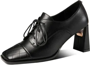 TinaCus Genuine Leather Women's Handmade Classic Square Toe Chunky Heel Lace Up Oxford Pump Shoes