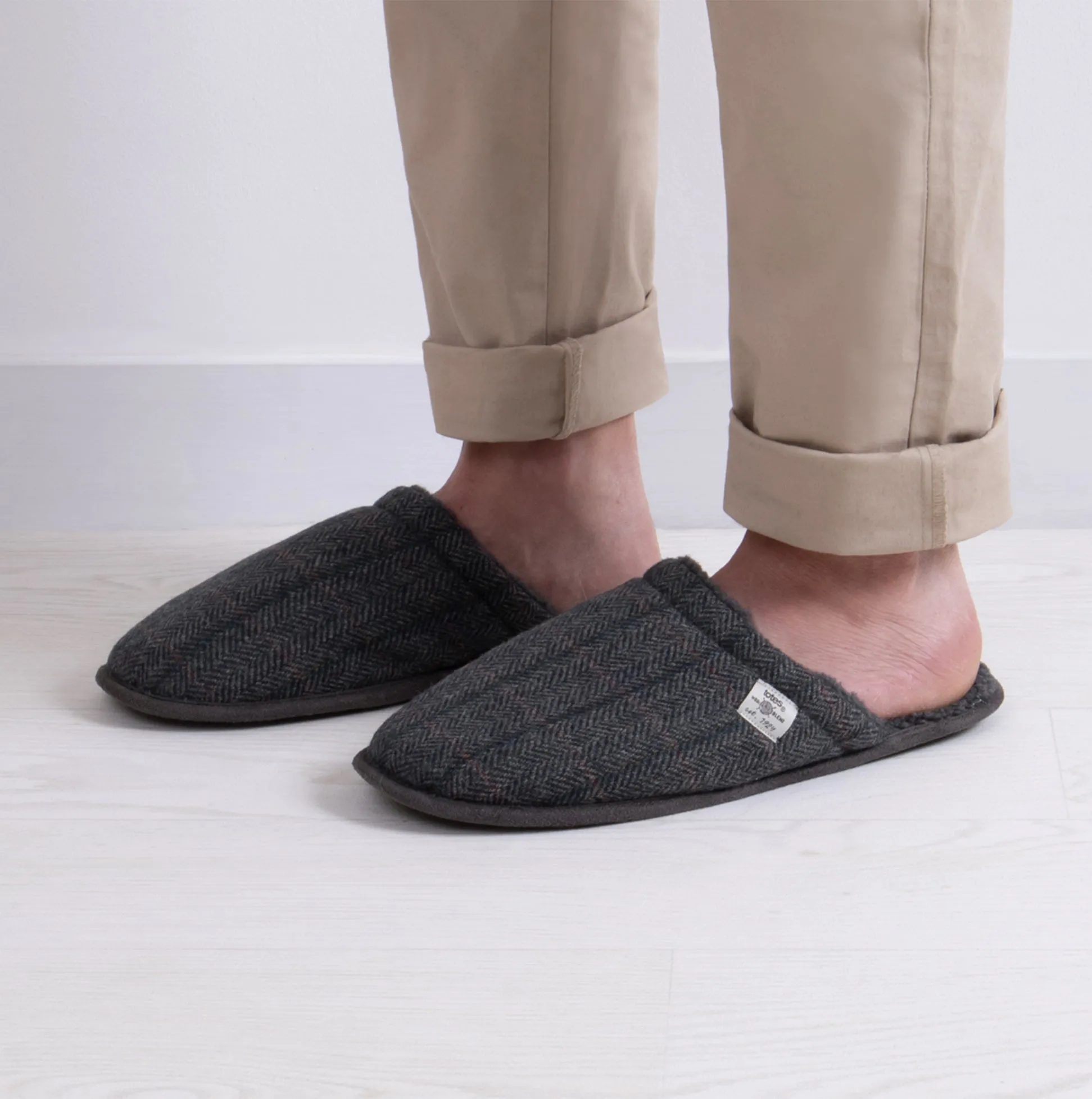 Totes Toasties WOOL BLEND HERRINGBONE Mule Slippers Mens Navy