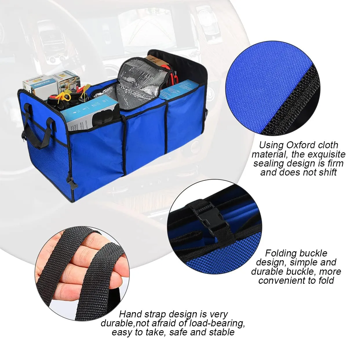 Trunk Organizer, Large Capacity Cargo Storage with Insulation Cooler, Foldable for Cars, Vehicles, SUVs, Trucks, Automotive Interior Organizer (Blue)