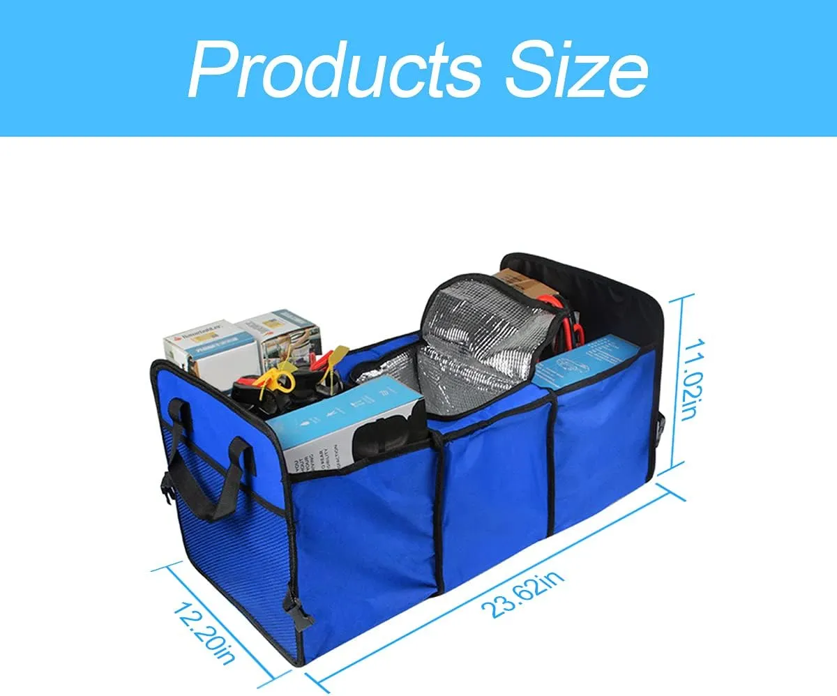 Trunk Organizer, Large Capacity Cargo Storage with Insulation Cooler, Foldable for Cars, Vehicles, SUVs, Trucks, Automotive Interior Organizer (Blue)