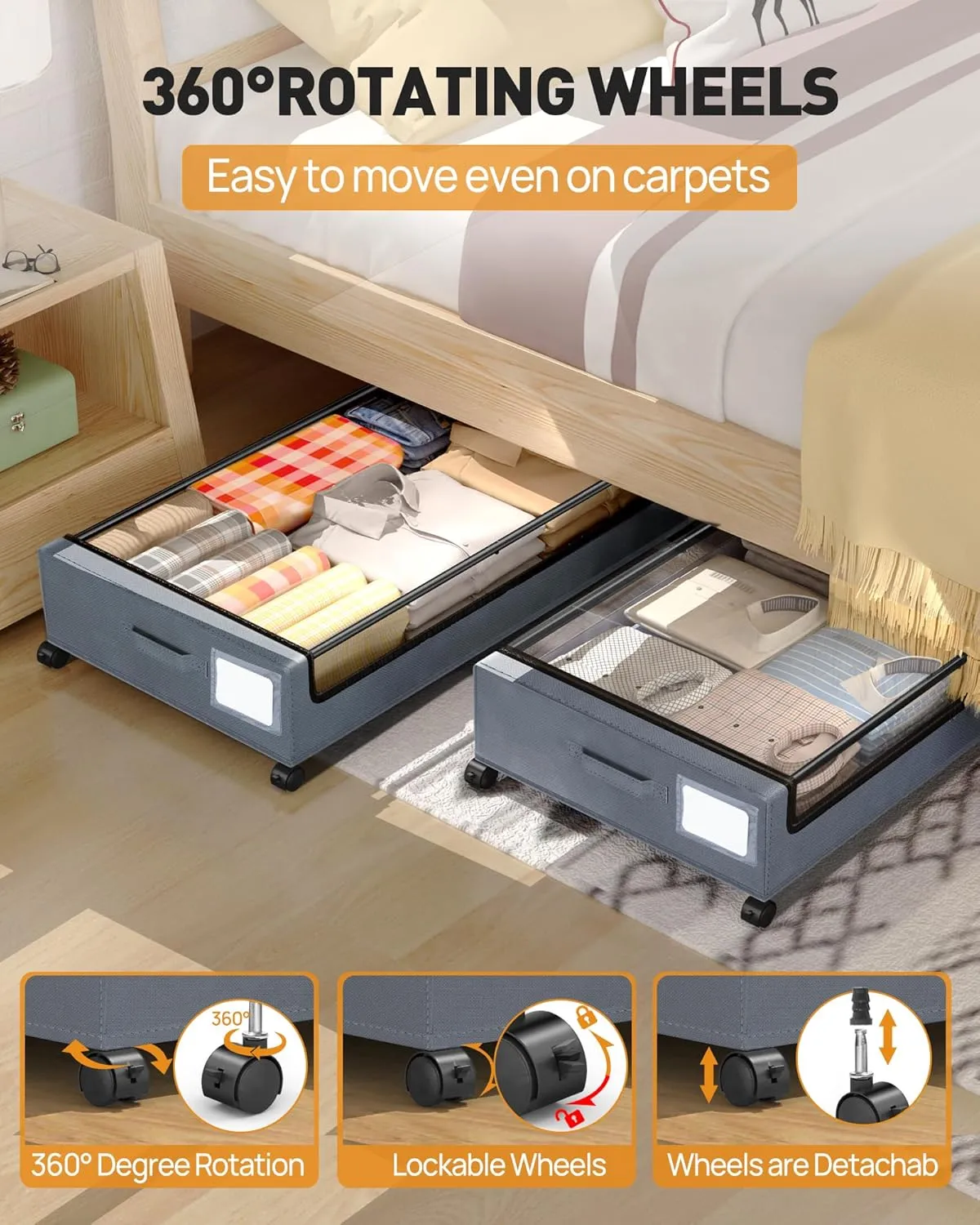 Under Bed Storage with Wheels, 2 Pack Square Under Bed Storage Containers, 60L Under The Bed Storage Bins, Rolling Under The Bed Storage Metal Drawer for Clothes, Blankets, Shoes...