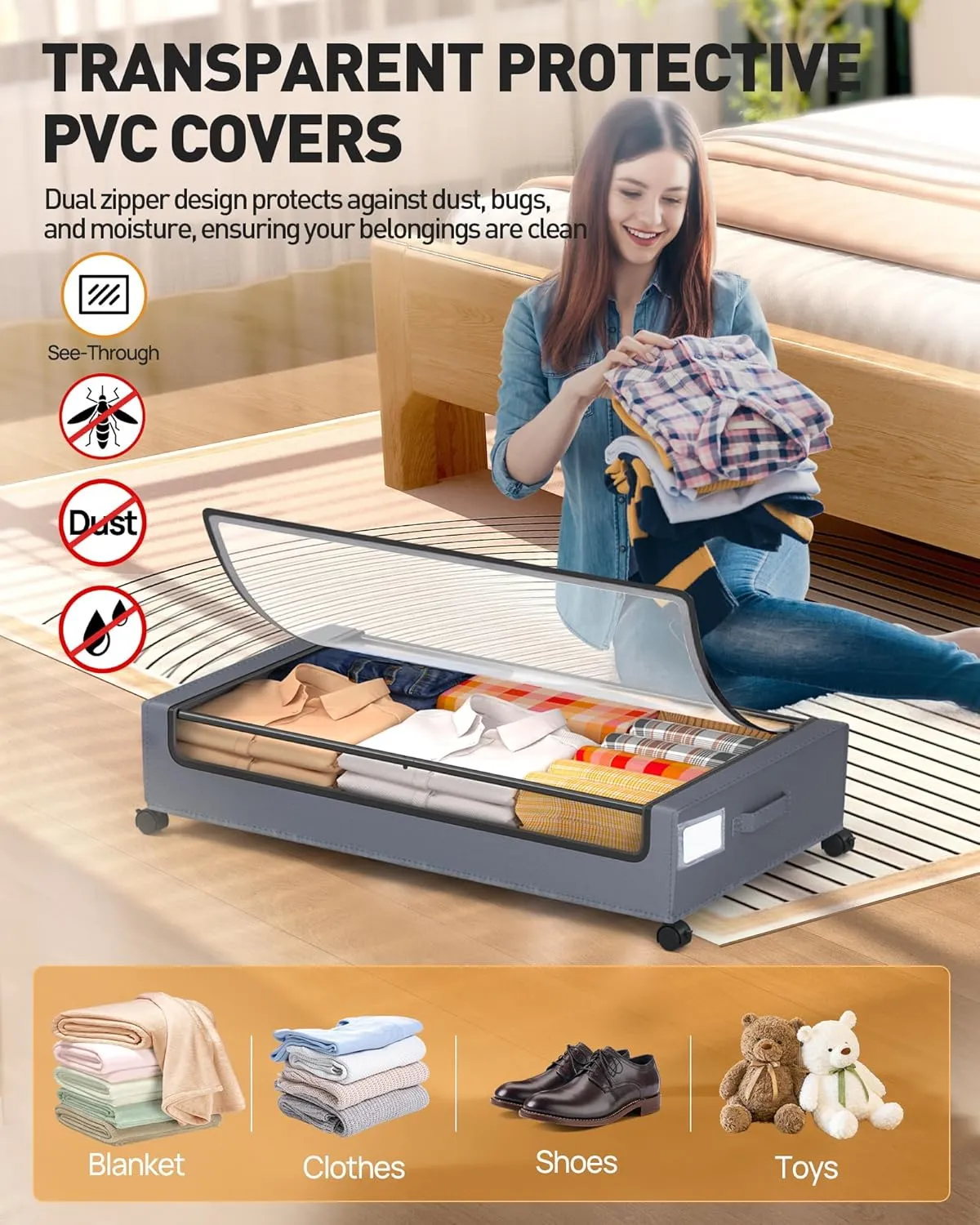 Under Bed Storage with Wheels, 2 Pack Square Under Bed Storage Containers, 60L Under The Bed Storage Bins, Rolling Under The Bed Storage Metal Drawer for Clothes, Blankets, Shoes...