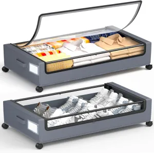 Under Bed Storage with Wheels, 2 Pack Square Under Bed Storage Containers, 60L Under The Bed Storage Bins, Rolling Under The Bed Storage Metal Drawer for Clothes, Blankets, Shoes...