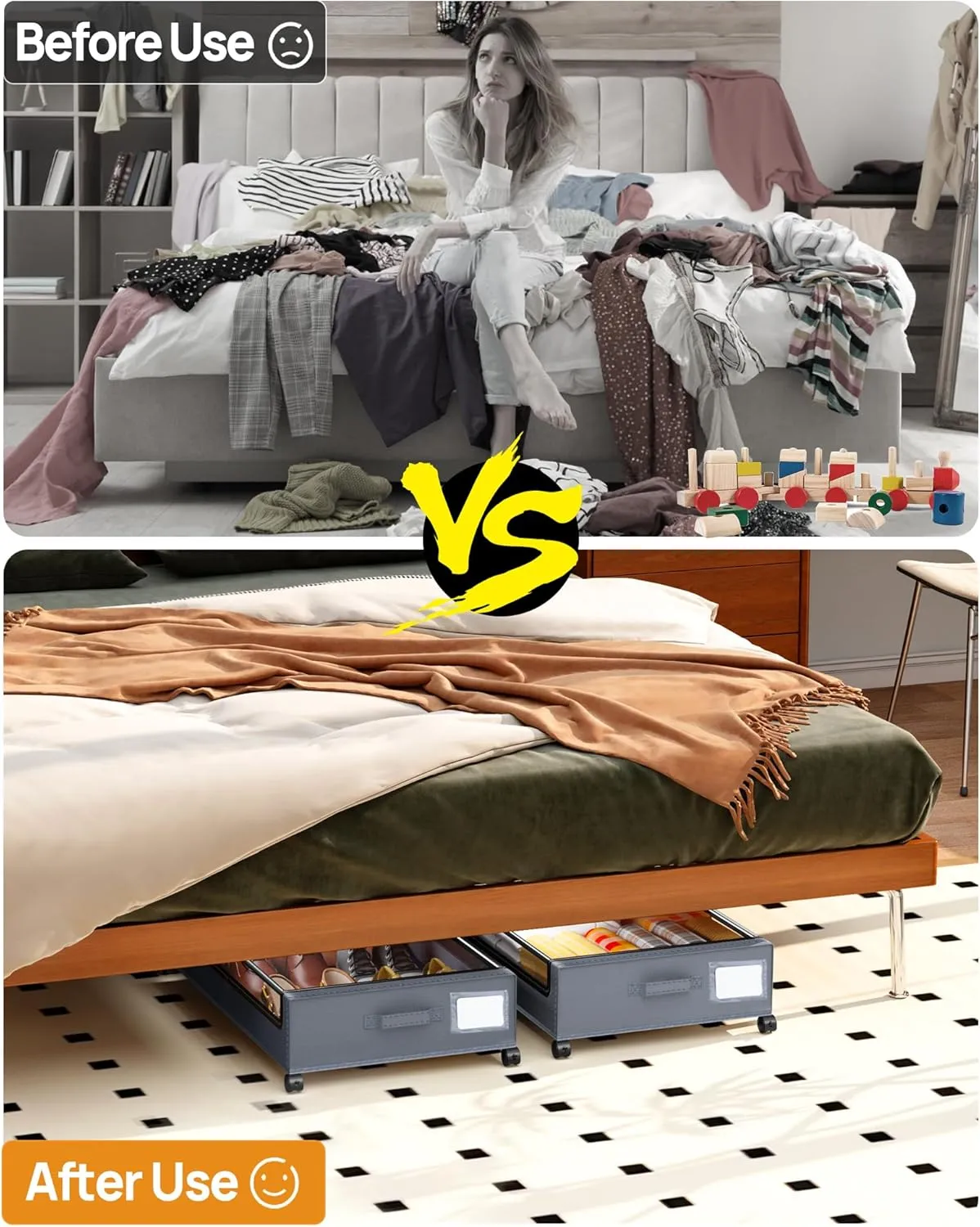 Under Bed Storage with Wheels, 2 Pack Square Under Bed Storage Containers, 60L Under The Bed Storage Bins, Rolling Under The Bed Storage Metal Drawer for Clothes, Blankets, Shoes...