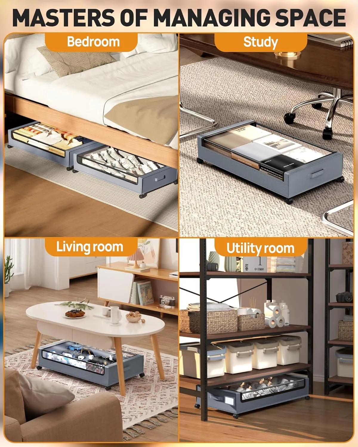 Under Bed Storage with Wheels, 2 Pack Square Under Bed Storage Containers, 60L Under The Bed Storage Bins, Rolling Under The Bed Storage Metal Drawer for Clothes, Blankets, Shoes...
