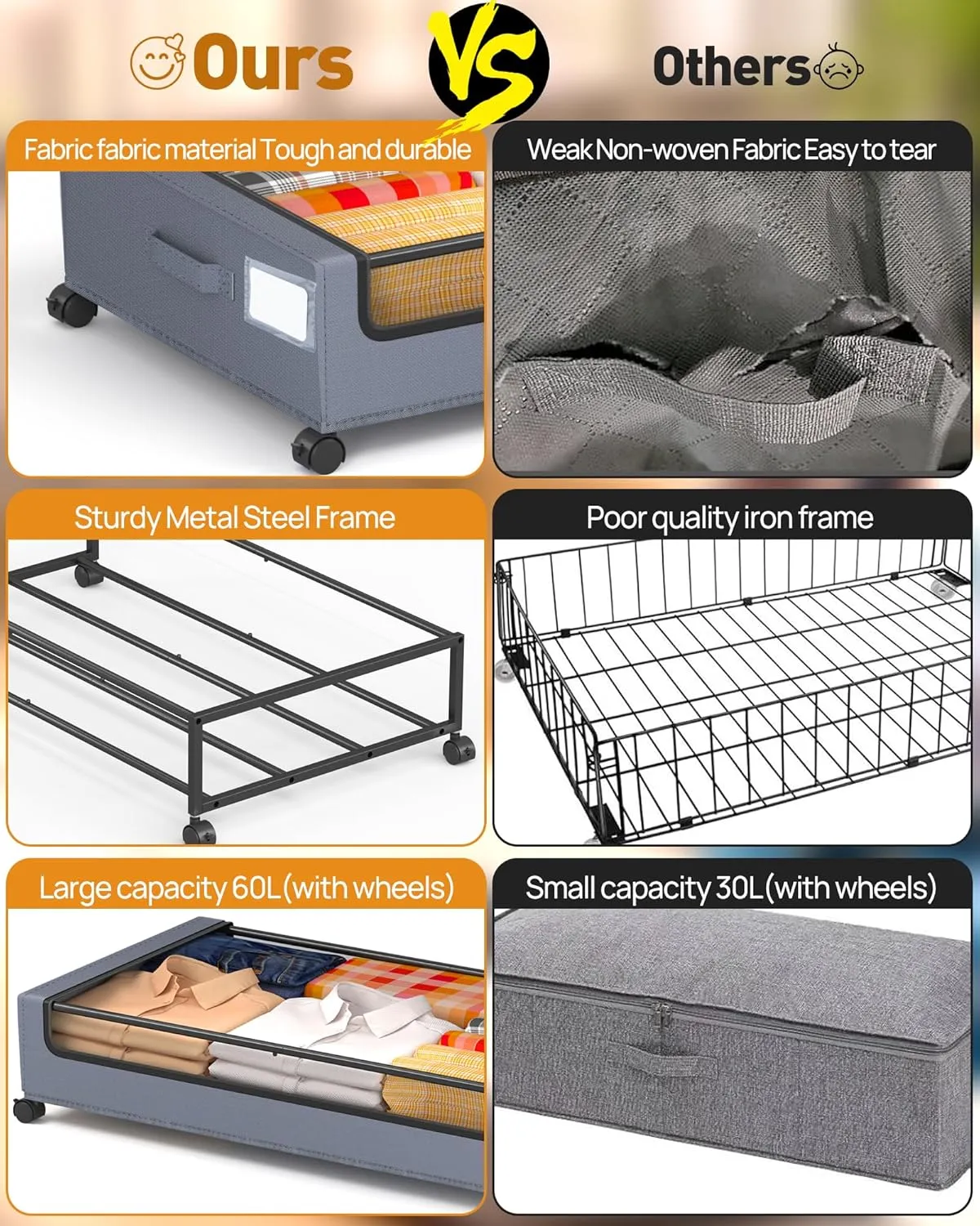 Under Bed Storage with Wheels, 2 Pack Square Under Bed Storage Containers, 60L Under The Bed Storage Bins, Rolling Under The Bed Storage Metal Drawer for Clothes, Blankets, Shoes...