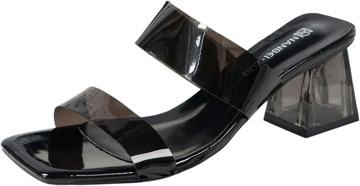 Verdusa Women's Clear Heeled Sandals Square Toe Slip On Chunky Sandal