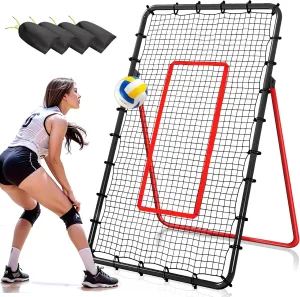 Volleyball Rebounder Net, 5 Angles Adjustable Volleyball Training Equipment Bounce Back Net with Sturdy Handbag, Sandbags, Metal Stakes for Lacrosse, Baseball, Soccer Practicing - 7x4 Ft