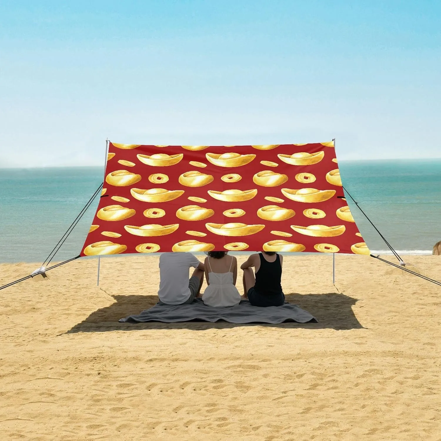 Watercolor Chinese Ingots Coins Beach Canopy Tent Anti-UV & Wind Resistant, Camping Sun Shelter Easy Setup Portable,Outdoor Shade Tents with Sandbags,Sand Shovels,Ground Pegs & Stability Poles
