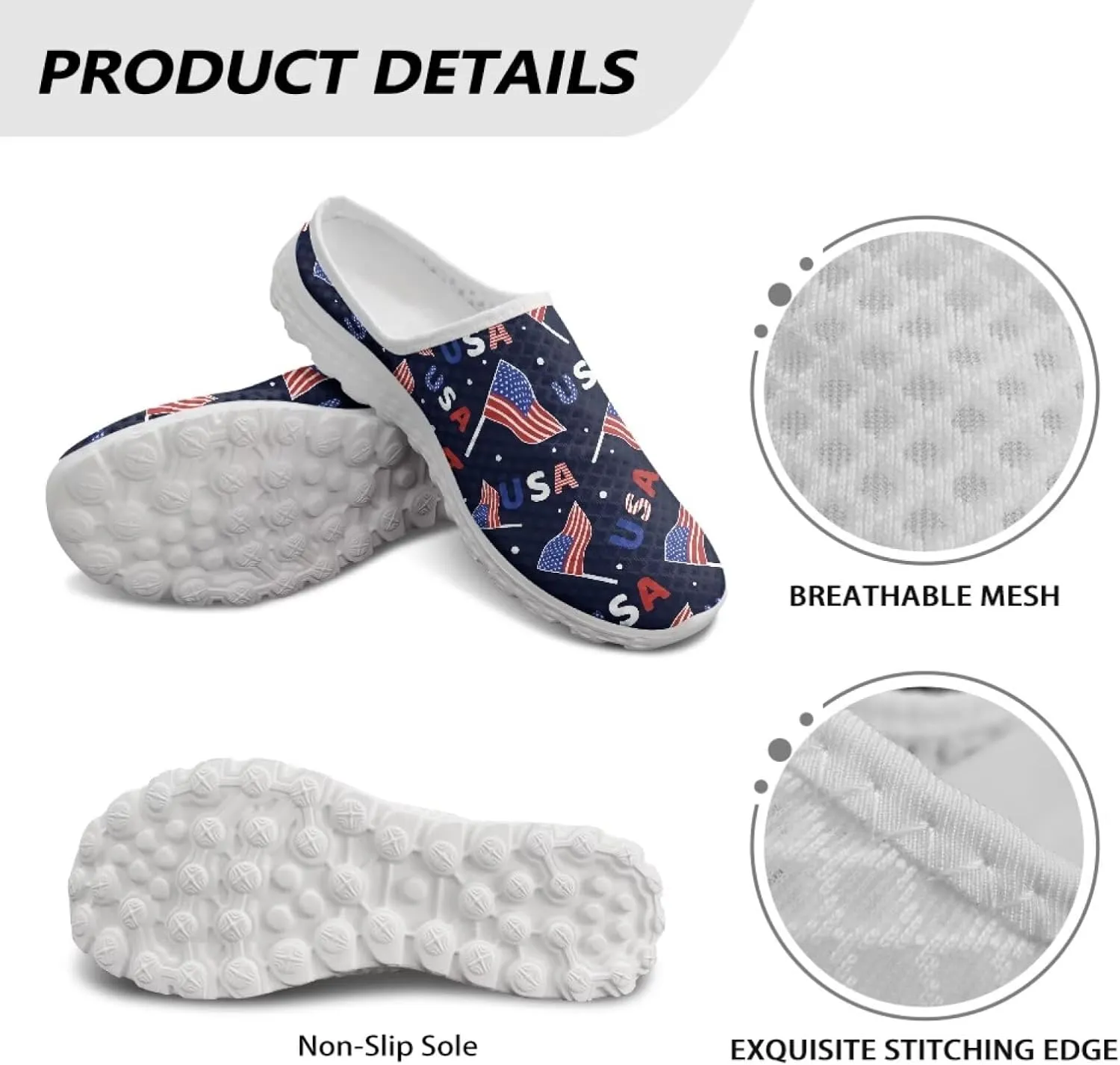 Womens Backless Shoes Flags Print Walking Mules Slip-on Closed Toe Slippers Breathable Mesh Sneakers