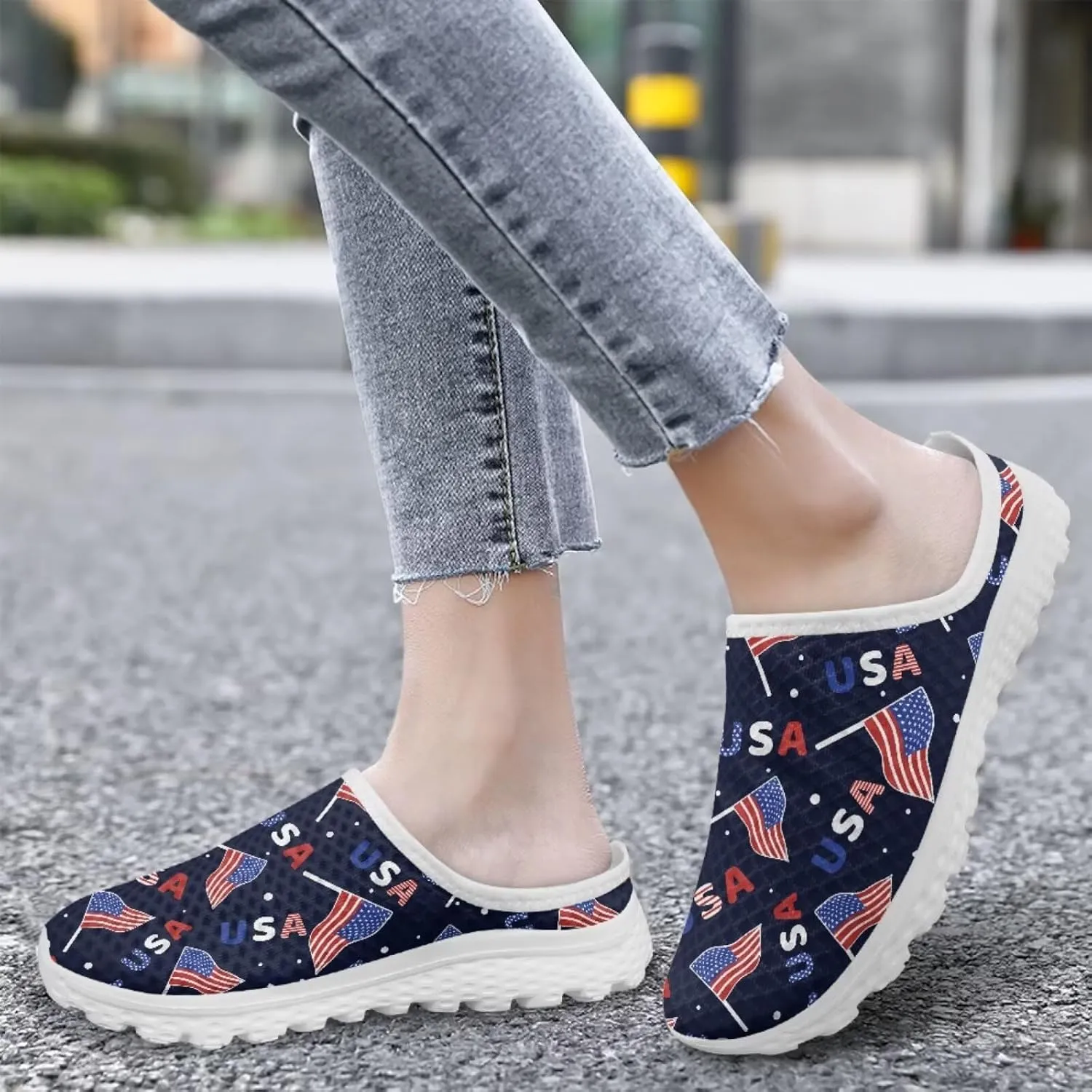 Womens Backless Shoes Flags Print Walking Mules Slip-on Closed Toe Slippers Breathable Mesh Sneakers