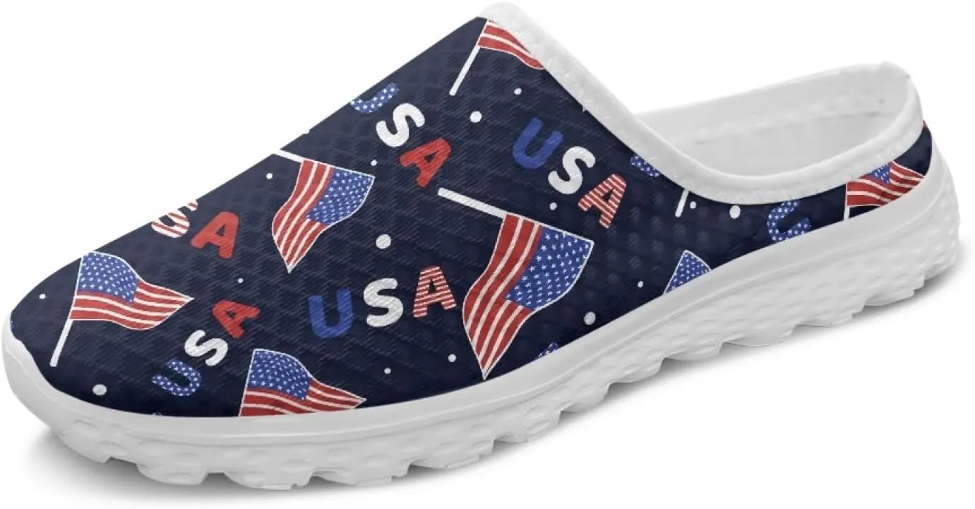 Womens Backless Shoes Flags Print Walking Mules Slip-on Closed Toe Slippers Breathable Mesh Sneakers
