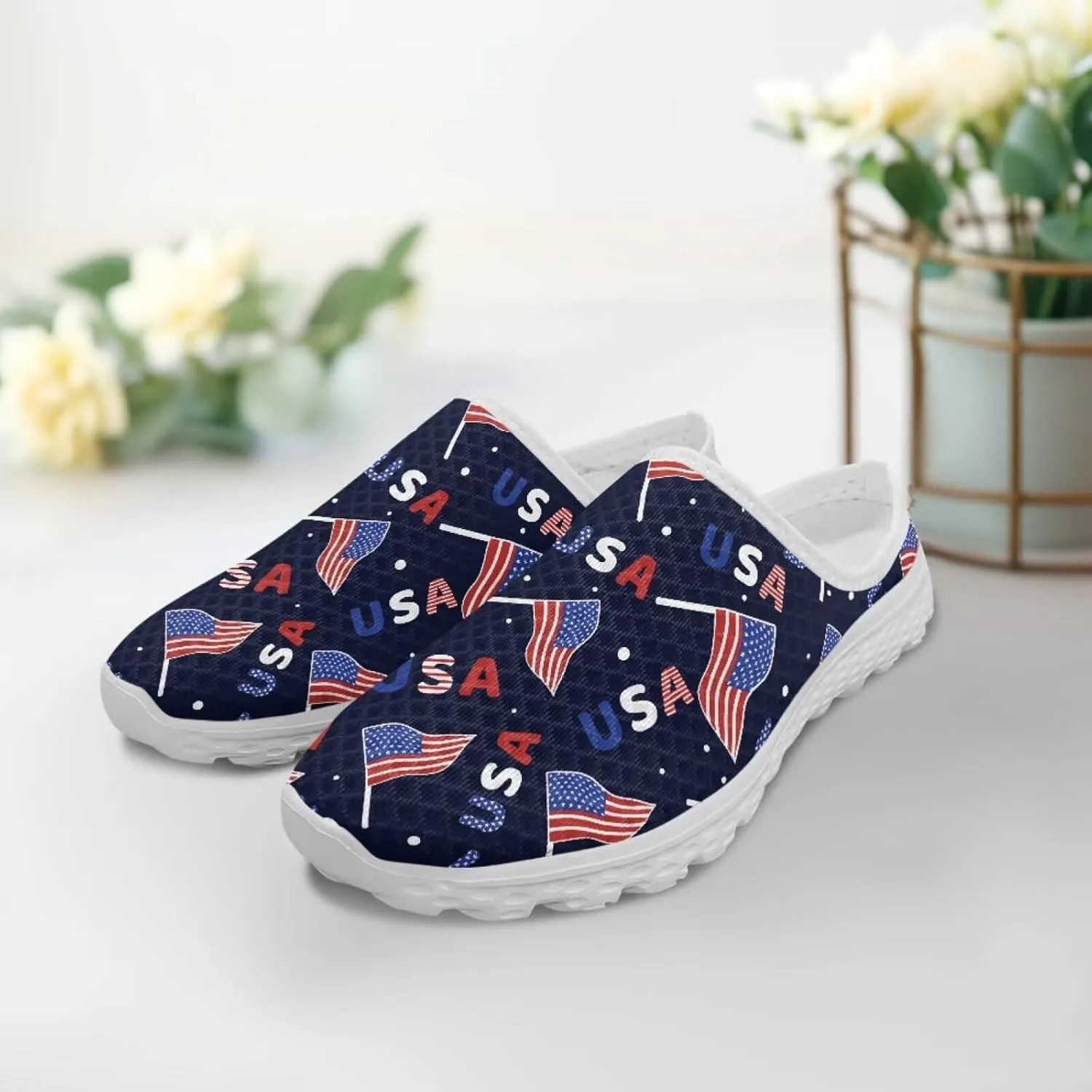 Womens Backless Shoes Flags Print Walking Mules Slip-on Closed Toe Slippers Breathable Mesh Sneakers