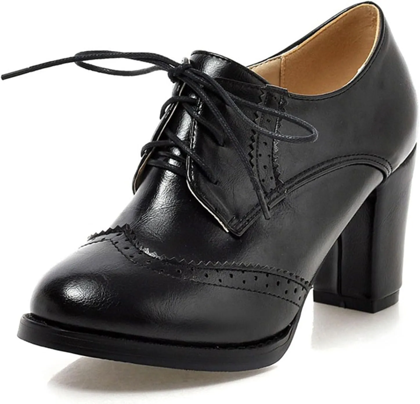 Women's Chunky Block Heels Oxfords Vintage Wingtip Brogues Round Toe Lace-up Pumps High Heeled Booties Dress Shoes