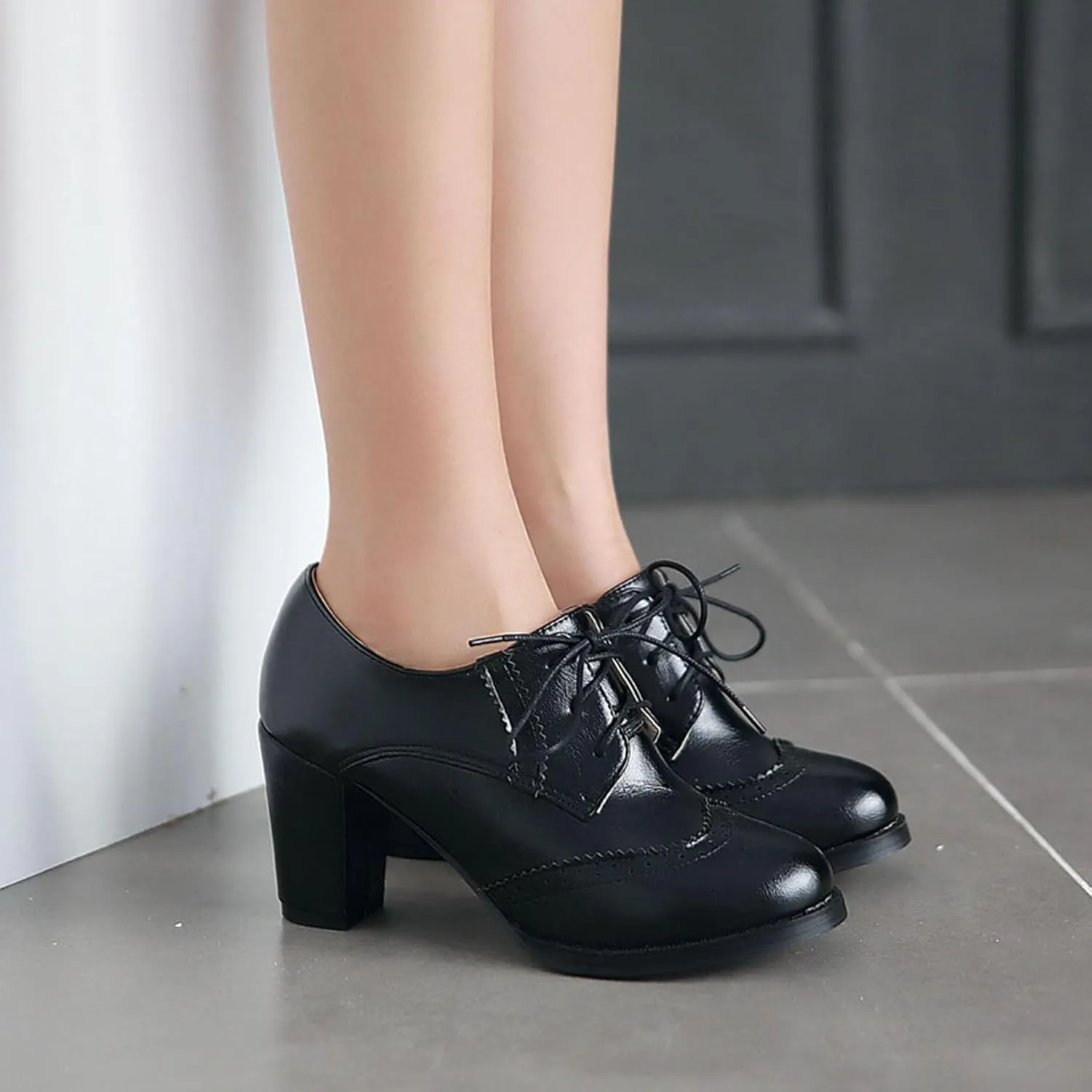 Women's Chunky Block Heels Oxfords Vintage Wingtip Brogues Round Toe Lace-up Pumps High Heeled Booties Dress Shoes