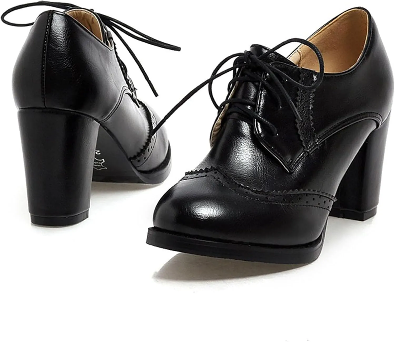 Women's Chunky Block Heels Oxfords Vintage Wingtip Brogues Round Toe Lace-up Pumps High Heeled Booties Dress Shoes