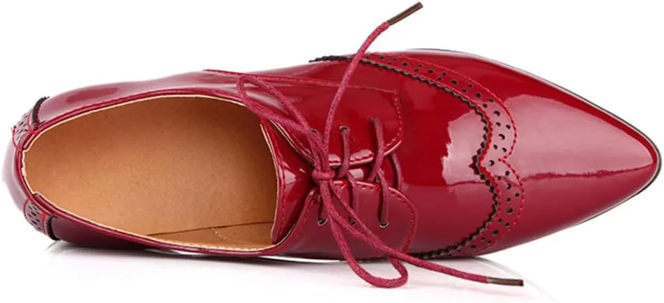 Women's Flats Wingtip Lace Up Oxfords Pointed Toe Low Heel Patent Leather Pumps Brogue Dress Shoes