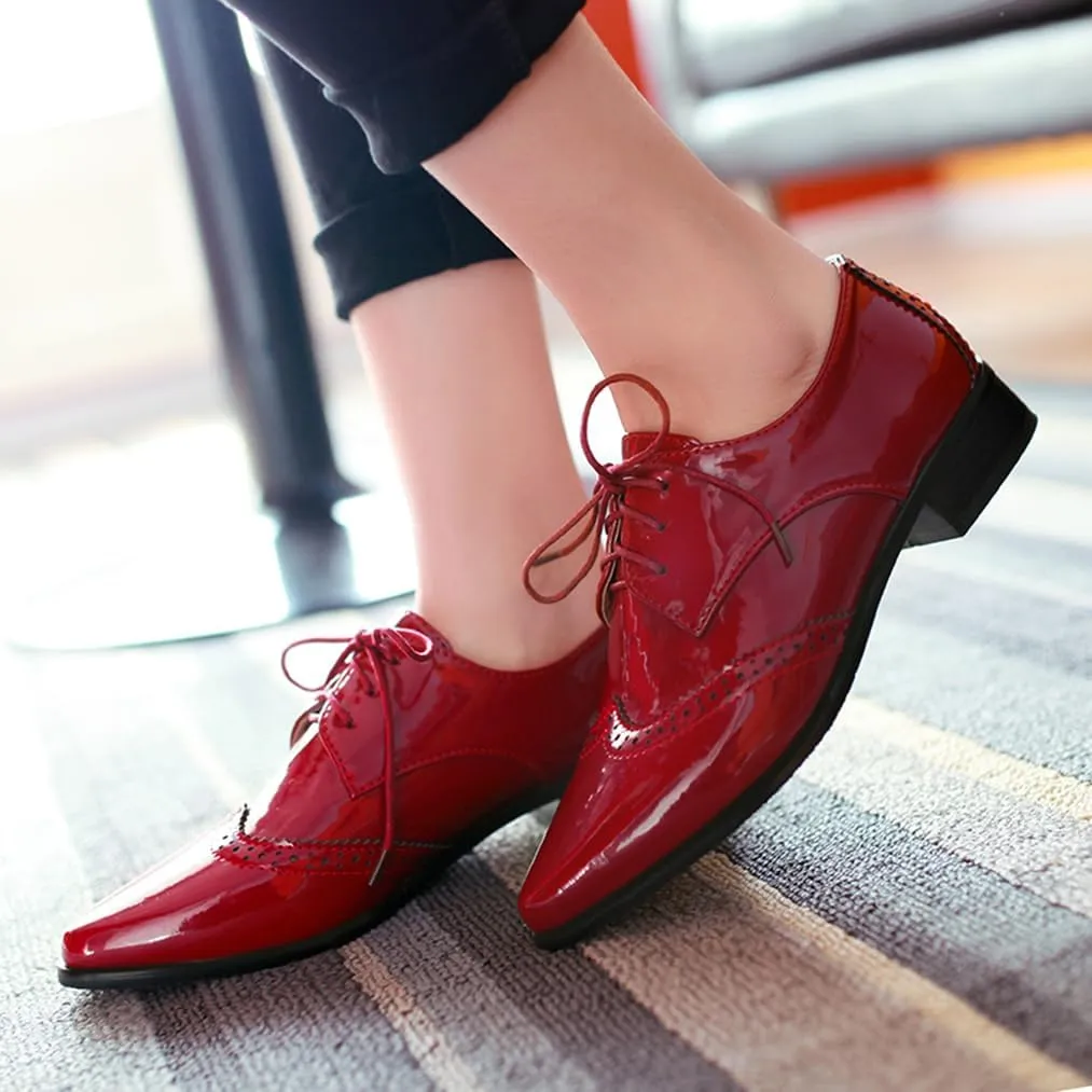 Women's Flats Wingtip Lace Up Oxfords Pointed Toe Low Heel Patent Leather Pumps Brogue Dress Shoes