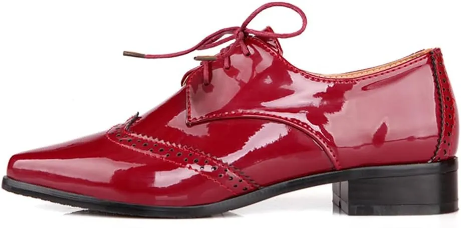 Women's Flats Wingtip Lace Up Oxfords Pointed Toe Low Heel Patent Leather Pumps Brogue Dress Shoes