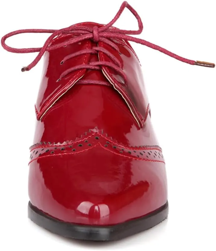 Women's Flats Wingtip Lace Up Oxfords Pointed Toe Low Heel Patent Leather Pumps Brogue Dress Shoes