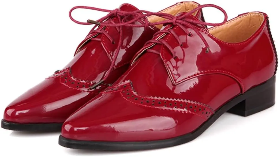 Women's Flats Wingtip Lace Up Oxfords Pointed Toe Low Heel Patent Leather Pumps Brogue Dress Shoes