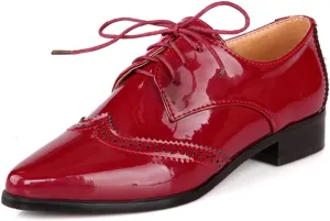 Women's Flats Wingtip Lace Up Oxfords Pointed Toe Low Heel Patent Leather Pumps Brogue Dress Shoes