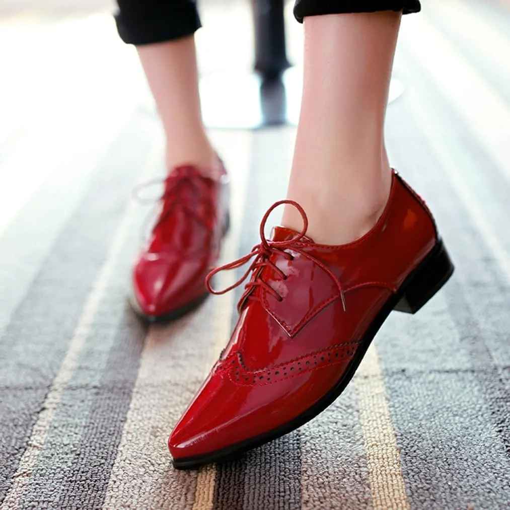 Women's Flats Wingtip Lace Up Oxfords Pointed Toe Low Heel Patent Leather Pumps Brogue Dress Shoes