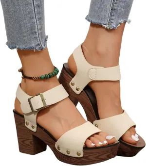 Womens Peep Toe Heels Chunky Heel Sandals Ankle Strap Buckle Open Toe Dress Wood Heels Summer High Heeled Platform Sandal