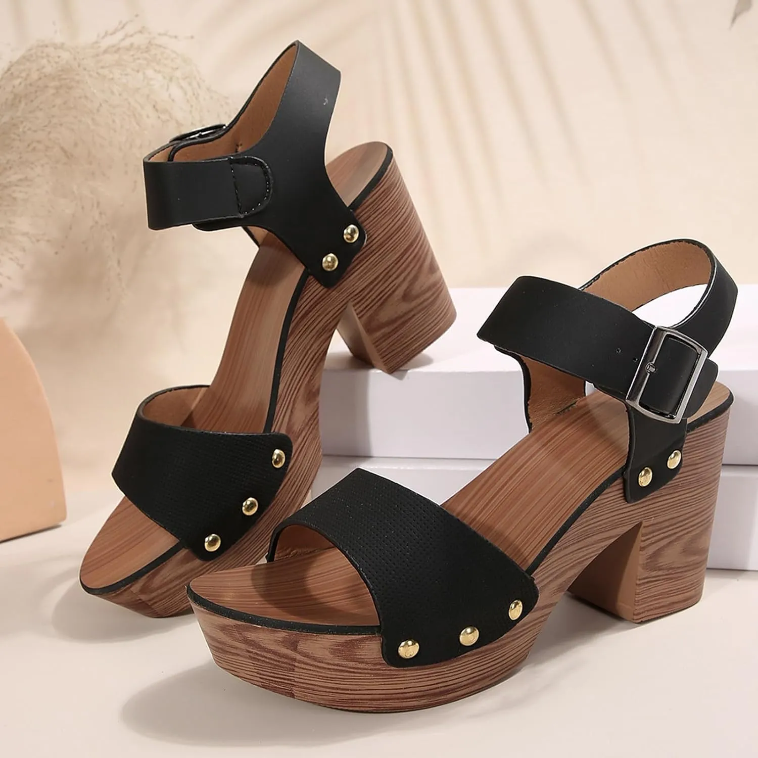 Womens Peep Toe Heels Chunky Heel Sandals Ankle Strap Buckle Open Toe Dress Wood Heels Summer High Heeled Platform Sandal