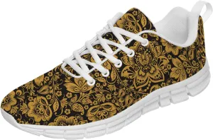 Womens Tennis Shoes Sneaker with Gold Luxury Flower Floral Print Mesh Lace Up Running Shoes Gifts for Mom,Men Size 10,Women Size 11.5