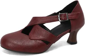 Women's Vintage Round Toe Closed Kitten Low Chunky Heels Mary Jane Dress Pumps Fashion Hollow Out Cross Ankle Strap Buckle Comfortable Casual Office Work Oxfords Shoes