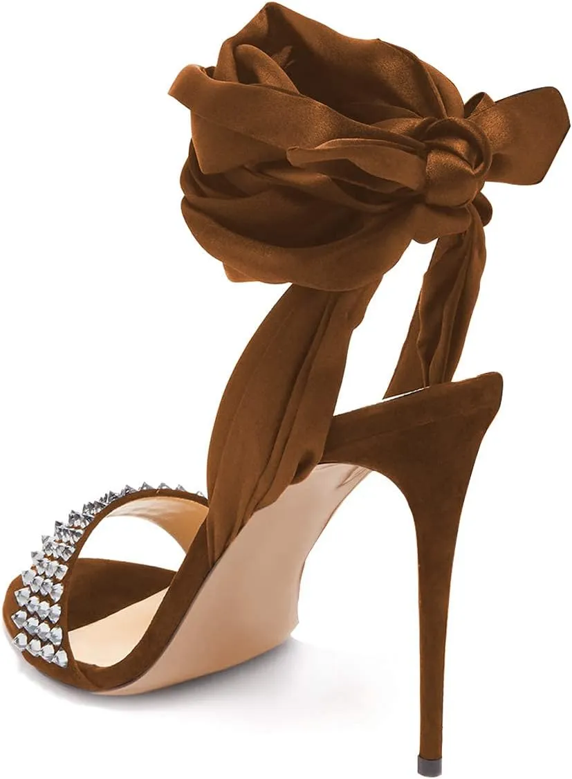 XYD Women Open Toe Satin Ankle Wrap D'orsay Sandals Sexy High Heels Strappy Pumps with Rhinestone Gladiator Stiletto Party Shoes
