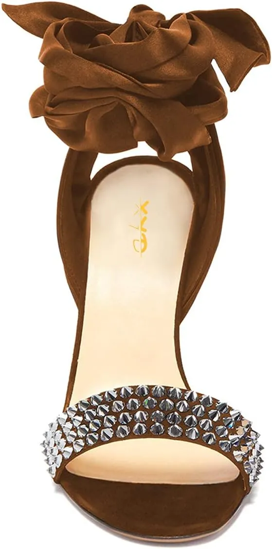 XYD Women Open Toe Satin Ankle Wrap D'orsay Sandals Sexy High Heels Strappy Pumps with Rhinestone Gladiator Stiletto Party Shoes