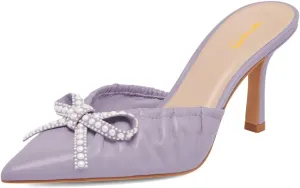 XYD Women Pearl Bowknot Pointed Toe Mid Heel Mules V-Cut Closed Toe Slip-on Sandal Pumps for Wedding Bridal Shoes